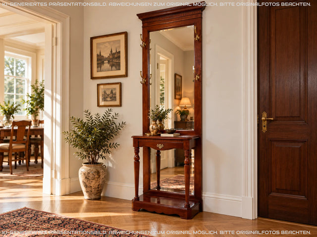Sehr elegante Vintage Flurgarderobe im antikem Stil mit Spiegel, Ablage, Schublade und Kleiderhaken aus Messing I Garderobe Wandgarderobe Flurkommode Spiegelkommode I