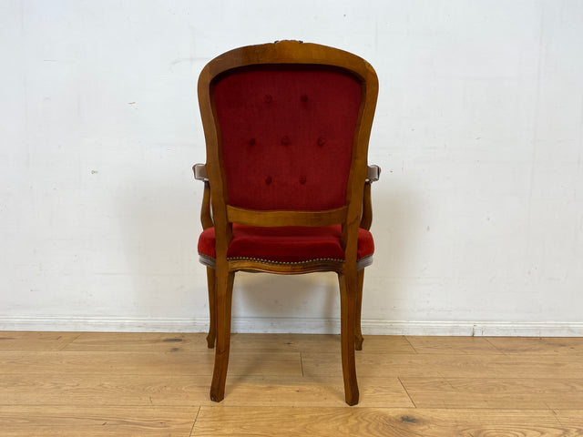 Eleganter und sehr gut erhaltener Vintage Salonsessel mit handverziertem Holzrahmen und grandiosem Bordeaux rotem Bezug I Sessel Armlehnstuhl Stuhl Stilmöbel Barock I