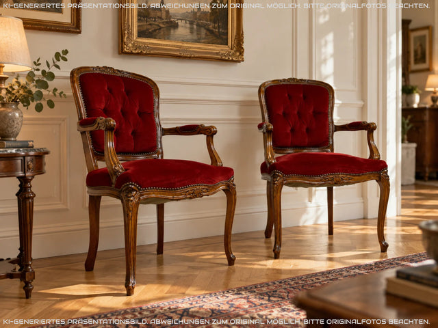 Eleganter und sehr gut erhaltener Vintage Salonsessel mit handverziertem Holzrahmen und grandiosem Bordeaux rotem Bezug I Sessel Armlehnstuhl Stuhl Stilmöbel Barock I