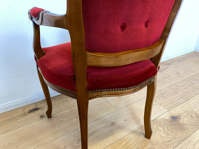 Eleganter und sehr gut erhaltener Vintage Salonsessel mit handverziertem Holzrahmen und grandiosem Bordeaux rotem Bezug I Sessel Armlehnstuhl Stuhl Stilmöbel Barock I