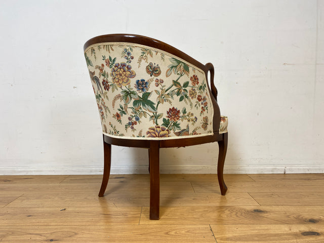 Vornehmer handverzierter Vintage Salonsessel mit Schwänen und tollem floralem, jedoch etwas fleckigem, Bezug I Sessel Stuhl Armlehnstuhl Lesesessel Sitzgarnitur Stilmöbel I