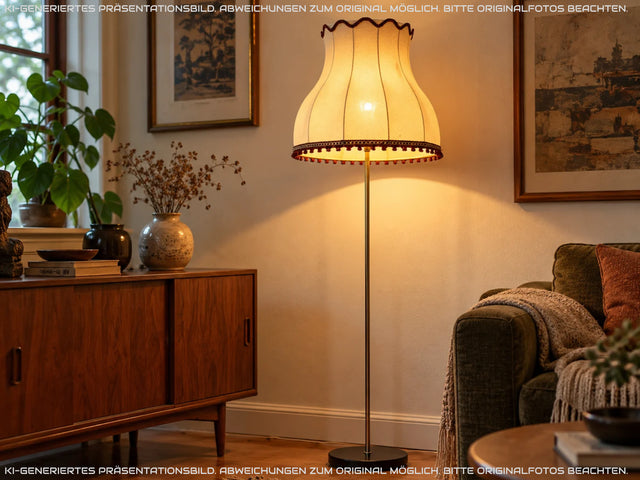 Hübsche vollfunktionsfähige Vintage Stehlampe mit formschönem original Lampenschirm und schwarzem Lampenfuß aus Metall I Stehleuchte Lampe Leuchte Vintage Retro Mid-Century I