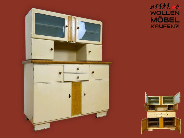 Sehr schöne und geräumige weiße 30er Jahre Art Deco Küchenanrichte mit Vitrine  I Anrichte Büfett Buffet Küchenschrank Küche Kredenz Schrank Antik Vintage Shabby Chic I
