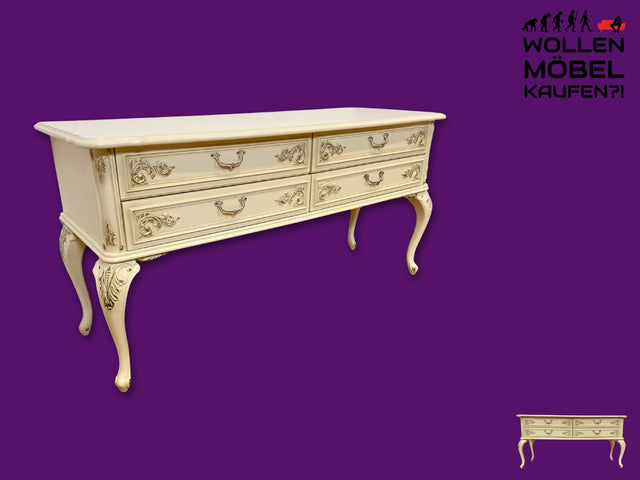 Sehr elegante weiße 70er Jahre Chippendale Kommode mit Schubladen und Messinggriffen I Sideboard Schubladenkommode Wäschekommode TV Lowboard Flurkommode Barock Vintage I