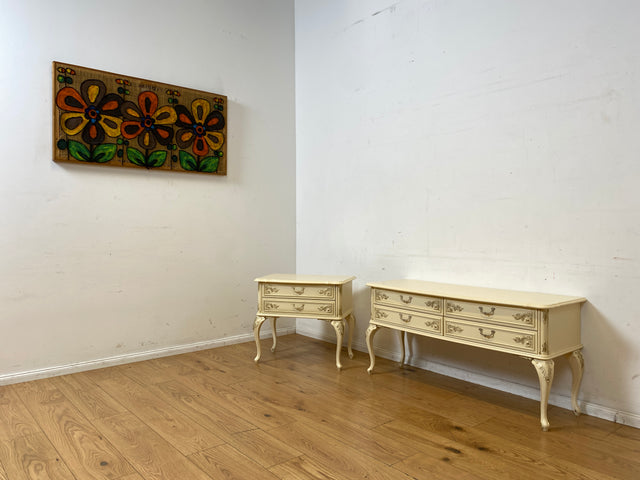 Sehr elegante weiße 70er Jahre Chippendale Kommode mit Schubladen und Messinggriffen I Sideboard Schubladenkommode Wäschekommode TV Lowboard Flurkommode Barock Vintage I