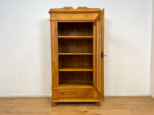 WMK I Eleganter antiker Schrank aus massivem Kiefernholz mit Glastüren & Schublade I Wäscheschrank Kleiderschrank Vitrinenschrank Vitrine Bauernschrank Vertiko Gründerzeit I