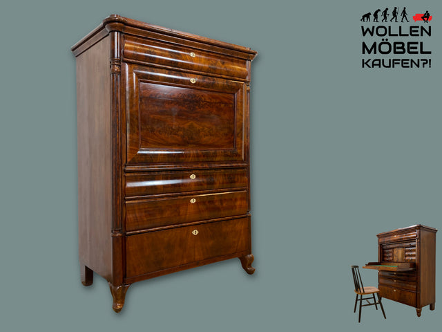 Edler antiker Schreibsekretär mit ausziehbarer Schreibunterlage I um 1840, Massivholz in Nussbaum I Sekretär Schreibschrank Schreibkommode Highboard Schrank Anrichte Biedermeier Vintage I