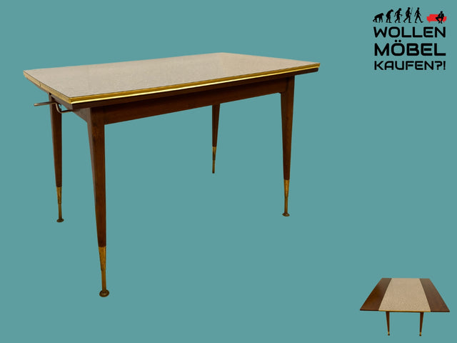 Sehr gut erhaltener auszieh- & höhenverstellbarer Mid-Century Tisch mit pflegeleichter Resopal Tischplatte I Multifunktionstisch Küchentisch Esstisch Couchtisch Retro Vintage 50er 60er I