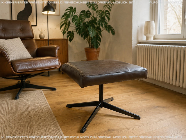 Stilvoller und gemütlicher Mid-Century Hocker mit braunem Kunstleder Bezug und Metallgestell I Lederhocker Sitzhocker Fußhocker Sitz Schemel Pouf Vintage Kunstleder I