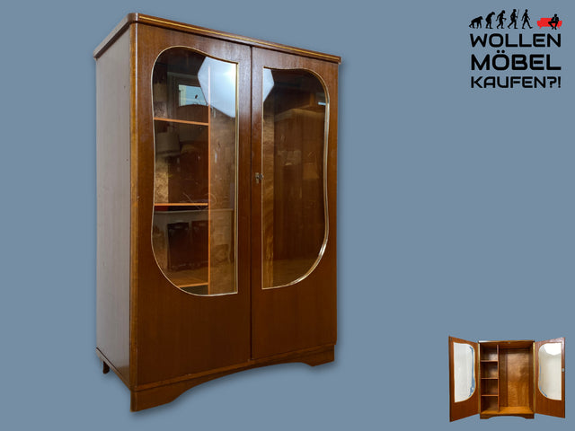 Besonders schöner und perfekt aufgeteilter dunkler Mid-Century Kleiderschrank mit Glastüren I Schrank Schlafzimmerschrank Wäscheschrank Rockabilly Vintage 50er 60er I