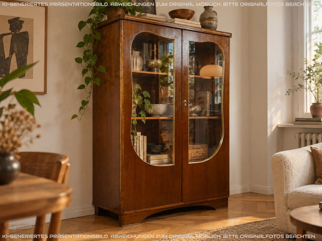 Besonders schöner und perfekt aufgeteilter dunkler Mid-Century Kleiderschrank mit Glastüren I Schrank Schlafzimmerschrank Wäscheschrank Rockabilly Vintage 50er 60er I
