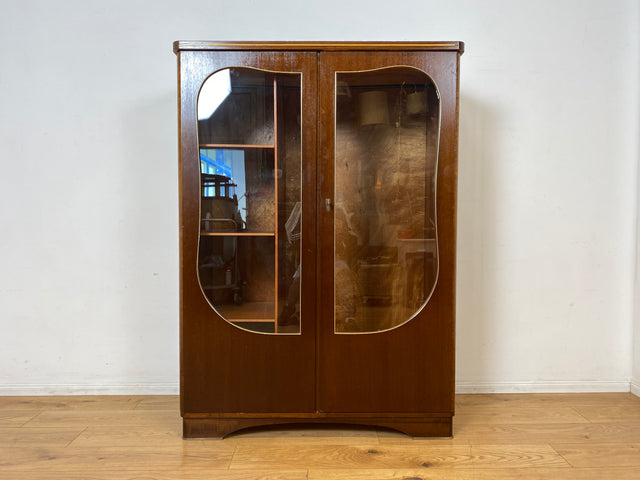 Besonders schöner und perfekt aufgeteilter dunkler Mid-Century Kleiderschrank mit Glastüren I Schrank Schlafzimmerschrank Wäscheschrank Rockabilly Vintage 50er 60er I