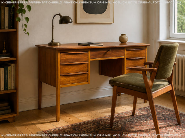 Stilvoller freistehender skandinavischer Mid-Century Schreibtisch in Teakholz mit Schubladen & Holzgriffen
