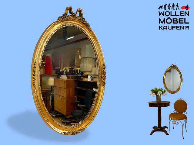 Eleganter großer ovaler Vintage Wandspiegel im antiken Stil mit goldenem Holz Rahmen mit Stuck Dekoration