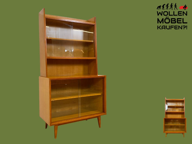 Formschöne helle 60er Jahre Vitrine mit Schiebegläsern und verstellb. Regalböden I Glasvitrine Highboard Büchervitrine Bücherregal Regal Geschirrschrank Vintage Mid-Century I
