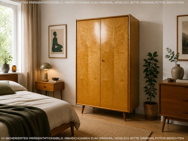 Minimalistischer heller 60er Jahre Kleiderschrank mit Kleiderstange und konischen Füßen I Schrank Schlafzimmerschrank Wardrobe Garderobenschrank Vintage Mid-Century Retro I