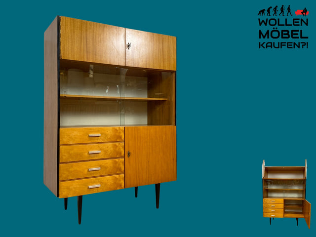 Stilvoller heller Mid-Century Wohnzimmerschrank aus 1969 mit Vitrine und Schubladen I Schrank Highboard Bücherschrank Kommode Sideboard Geschirrschrank Vintage Retro 70er