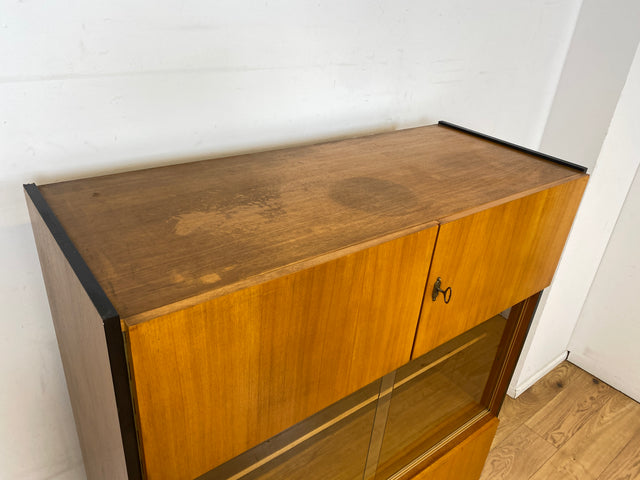 Stilvoller heller Mid-Century Wohnzimmerschrank aus 1969 mit Vitrine und Schubladen I Schrank Highboard Bücherschrank Kommode Sideboard Geschirrschrank Vintage Retro 70er