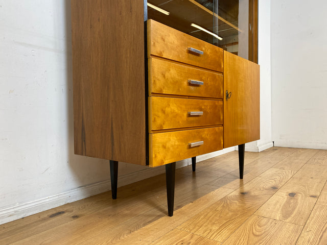Stilvoller heller Mid-Century Wohnzimmerschrank aus 1969 mit Vitrine und Schubladen I Schrank Highboard Bücherschrank Kommode Sideboard Geschirrschrank Vintage Retro 70er