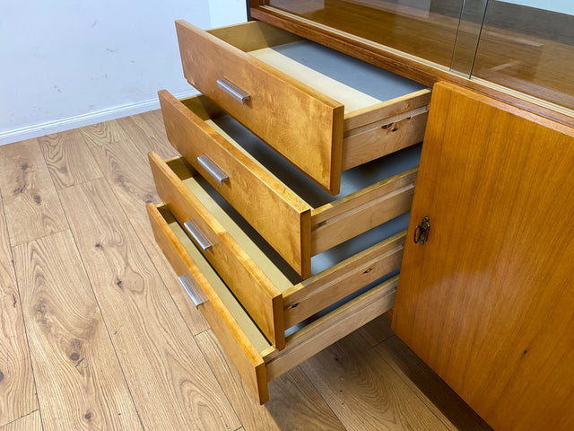 Stilvoller heller Mid-Century Wohnzimmerschrank aus 1969 mit Vitrine und Schubladen I Schrank Highboard Bücherschrank Kommode Sideboard Geschirrschrank Vintage Retro 70er