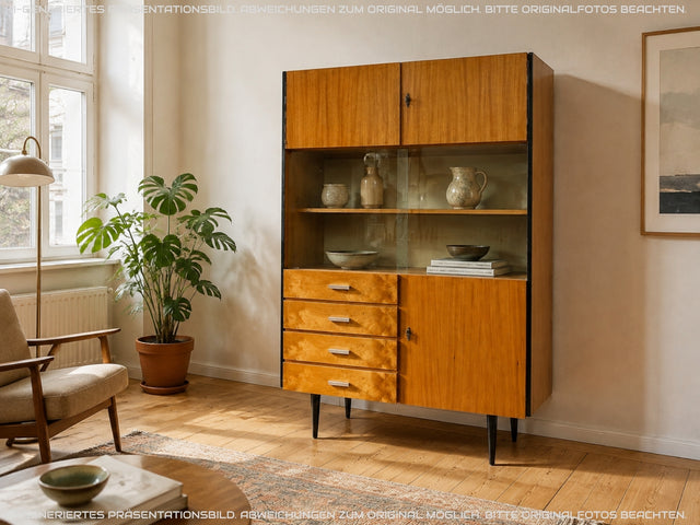 Stilvoller heller Mid-Century Wohnzimmerschrank aus 1969 mit Vitrine und Schubladen I Schrank Highboard Bücherschrank Kommode Sideboard Geschirrschrank Vintage Retro 70er