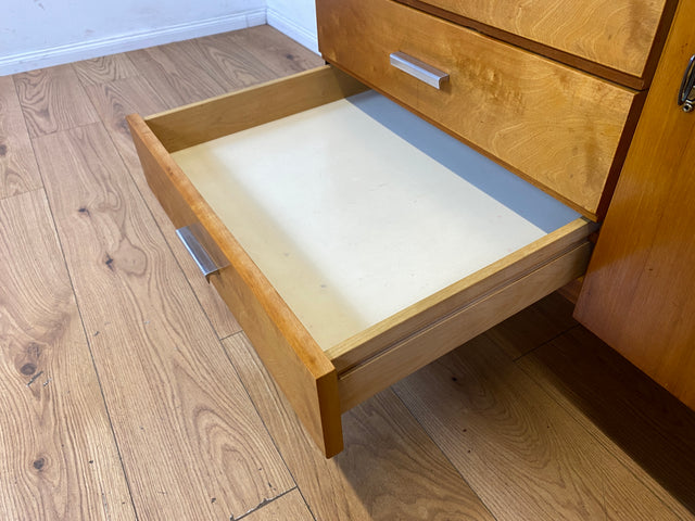 Stilvoller heller Mid-Century Wohnzimmerschrank aus 1969 mit Vitrine und Schubladen I Schrank Highboard Bücherschrank Kommode Sideboard Geschirrschrank Vintage Retro 70er