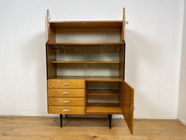 Stilvoller heller Mid-Century Wohnzimmerschrank aus 1969 mit Vitrine und Schubladen I Schrank Highboard Bücherschrank Kommode Sideboard Geschirrschrank Vintage Retro 70er