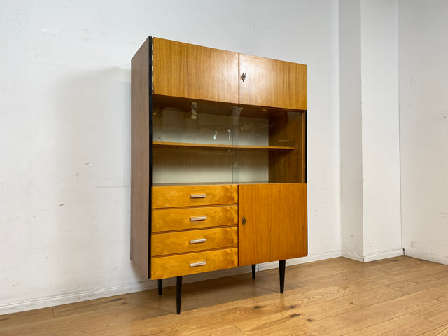 Stilvoller heller Mid-Century Wohnzimmerschrank aus 1969 mit Vitrine und Schubladen I Schrank Highboard Bücherschrank Kommode Sideboard Geschirrschrank Vintage Retro 70er