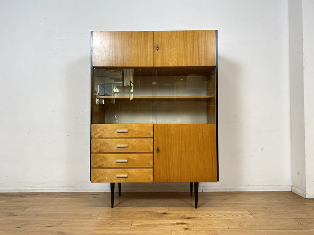 Stilvoller heller Mid-Century Wohnzimmerschrank aus 1969 mit Vitrine und Schubladen I Schrank Highboard Bücherschrank Kommode Sideboard Geschirrschrank Vintage Retro 70er