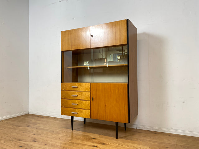 Stilvoller heller Mid-Century Wohnzimmerschrank aus 1969 mit Vitrine und Schubladen I Schrank Highboard Bücherschrank Kommode Sideboard Geschirrschrank Vintage Retro 70er