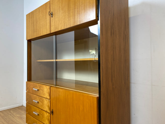 Stilvoller heller Mid-Century Wohnzimmerschrank aus 1969 mit Vitrine und Schubladen I Schrank Highboard Bücherschrank Kommode Sideboard Geschirrschrank Vintage Retro 70er