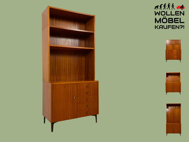 Sehr schöner modularer Mid-Century Bücherschrank auf neuen Metallfüßen mit Schubladen I Regal Bücherregal Highboard Kommode Regalwand Wohnwand Vintage Retro 60er I