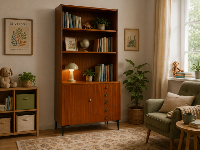 Sehr schöner modularer Mid-Century Bücherschrank auf neuen Metallfüßen mit Schubladen I Regal Bücherregal Highboard Kommode Regalwand Wohnwand Vintage Retro 60er I