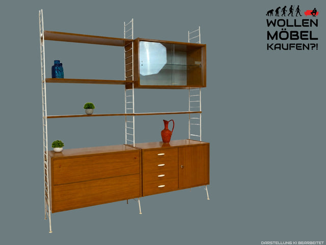 Kultiges modulares DDR Regalsystem Sybille aus 1968 mit weißen Regalleitern & Vitrine