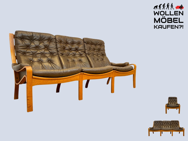 WMK I Stilvolles skandinavische Sofa mit gestepptem braunem Echtleder Bezug I Norwegen 1970er I Couch Ledercouch Ledersofa 3-Sitzer 3er Sitzgarnitur Mid-Century Vintage Leder I