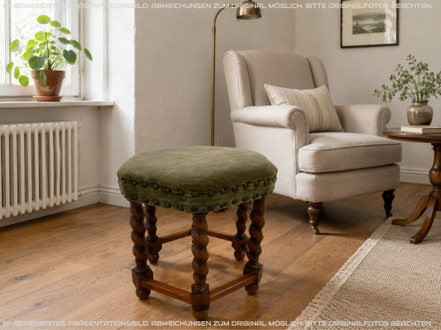 Sehr hübscher skandinavischer antiker Hocker mit fein gedrechselten Beinen I sechseckiger Sitzhocker Fußhocker Fußbank Schemel Sitz Stuhl Pouf Vintage I