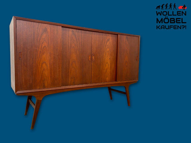 Stilvolles skandinavisches Mid-Century Highboard mit Schiebetüren & Schubladen I Vollholz in Teak I Schrank Sideboard Kommode Barschrank Anrichte Danish Design Vintage 60er