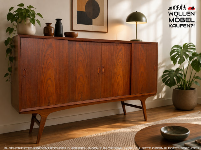 Stilvolles skandinavisches Mid-Century Highboard mit Schiebetüren & Schubladen I Vollholz in Teak I Schrank Sideboard Kommode Barschrank Anrichte Danish Design Vintage 60er