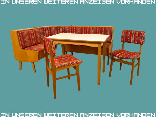 WMK I Besonders schöne Mid-Century Kücheneckbank mit rotem Originalbezug und praktischen Staufächern