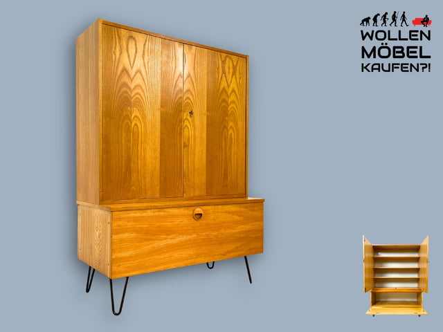 WMK I Kultiges modulares Designer Regalsystem 430 in Sen Esche auf Hairpin Metallfüßen I Joachim Nebelung für VEB Hellerau I Highboard Schrank Bücherschrank Stringregal Mid-Century Vintage DDR 60er