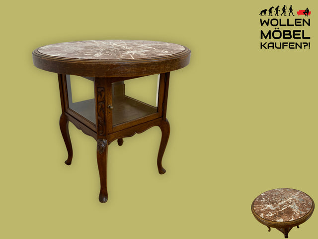 Eleganter runder handverzierter antiker Rauchertisch mit Humidor & Marmor Platte I Tisch Beistelltisch Couchtisch Marmortisch Vitrine Ablage Jugendstil Barock Chippendale Vintage I