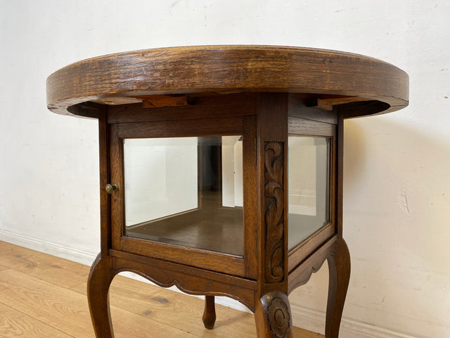 Eleganter runder handverzierter antiker Rauchertisch mit Humidor & Marmor Platte I Tisch Beistelltisch Couchtisch Marmortisch Vitrine Ablage Jugendstil Barock Chippendale Vintage I