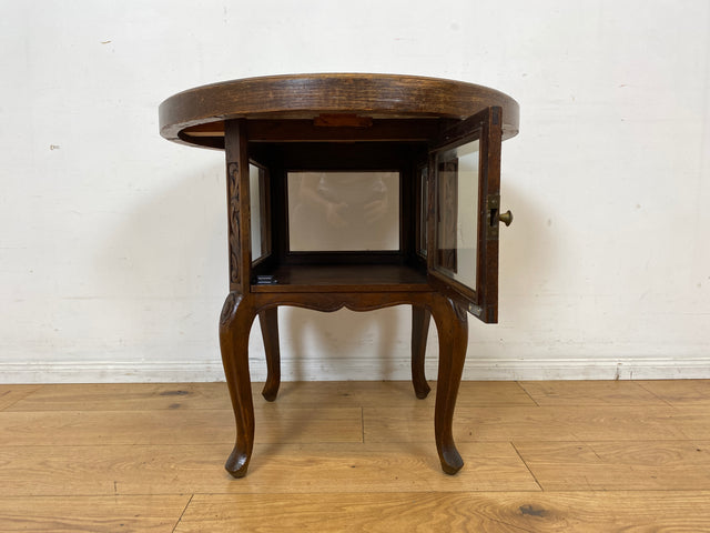 Eleganter runder handverzierter antiker Rauchertisch mit Humidor & Marmor Platte I Tisch Beistelltisch Couchtisch Marmortisch Vitrine Ablage Jugendstil Barock Chippendale Vintage I