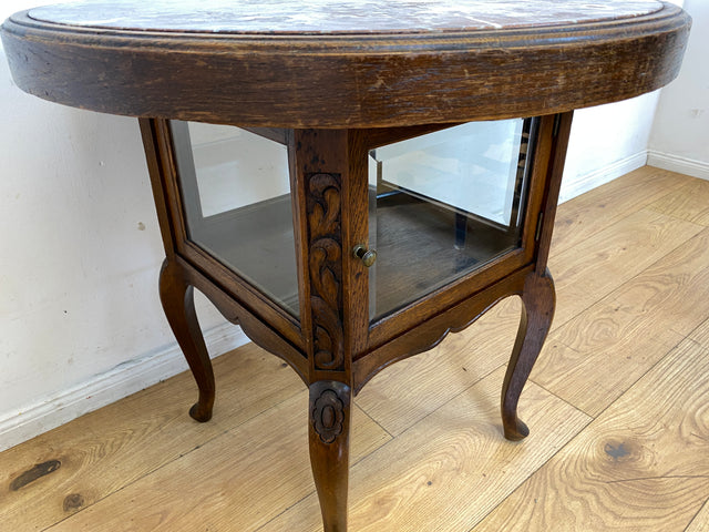 Eleganter runder handverzierter antiker Rauchertisch mit Humidor & Marmor Platte I Tisch Beistelltisch Couchtisch Marmortisch Vitrine Ablage Jugendstil Barock Chippendale Vintage I