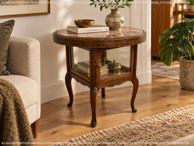 Eleganter runder handverzierter antiker Rauchertisch mit Humidor & Marmor Platte I Tisch Beistelltisch Couchtisch Marmortisch Vitrine Ablage Jugendstil Barock Chippendale Vintage I