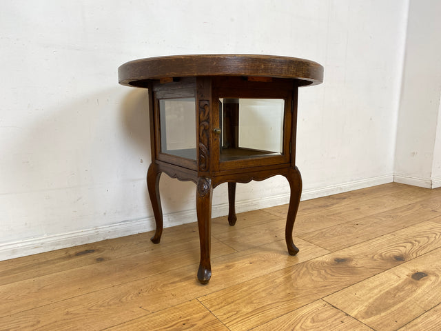Eleganter runder handverzierter antiker Rauchertisch mit Humidor & Marmor Platte I Tisch Beistelltisch Couchtisch Marmortisch Vitrine Ablage Jugendstil Barock Chippendale Vintage I