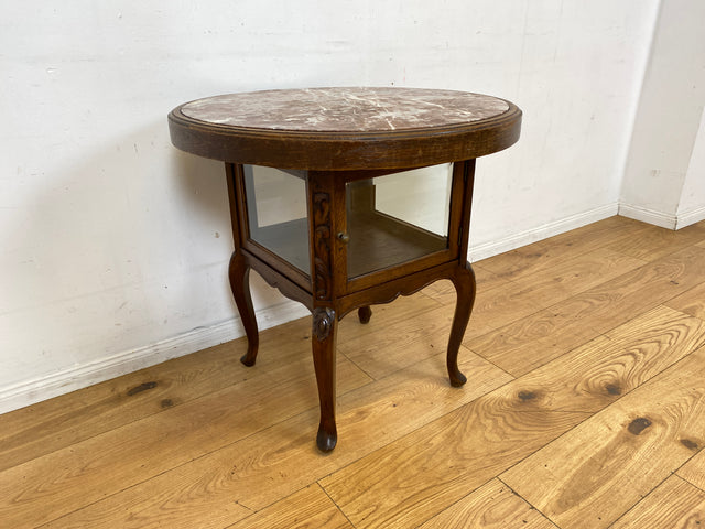 Eleganter runder handverzierter antiker Rauchertisch mit Humidor & Marmor Platte I Tisch Beistelltisch Couchtisch Marmortisch Vitrine Ablage Jugendstil Barock Chippendale Vintage I