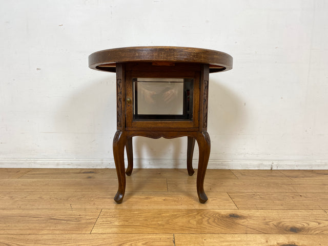 Eleganter runder handverzierter antiker Rauchertisch mit Humidor & Marmor Platte I Tisch Beistelltisch Couchtisch Marmortisch Vitrine Ablage Jugendstil Barock Chippendale Vintage I