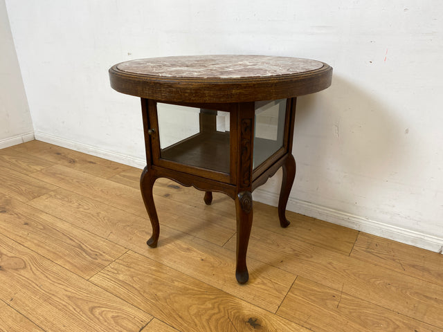 Eleganter runder handverzierter antiker Rauchertisch mit Humidor & Marmor Platte I Tisch Beistelltisch Couchtisch Marmortisch Vitrine Ablage Jugendstil Barock Chippendale Vintage I