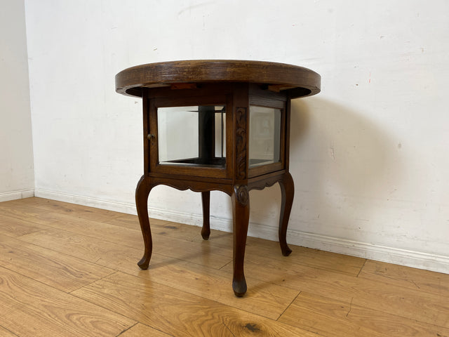 Eleganter runder handverzierter antiker Rauchertisch mit Humidor & Marmor Platte I Tisch Beistelltisch Couchtisch Marmortisch Vitrine Ablage Jugendstil Barock Chippendale Vintage I